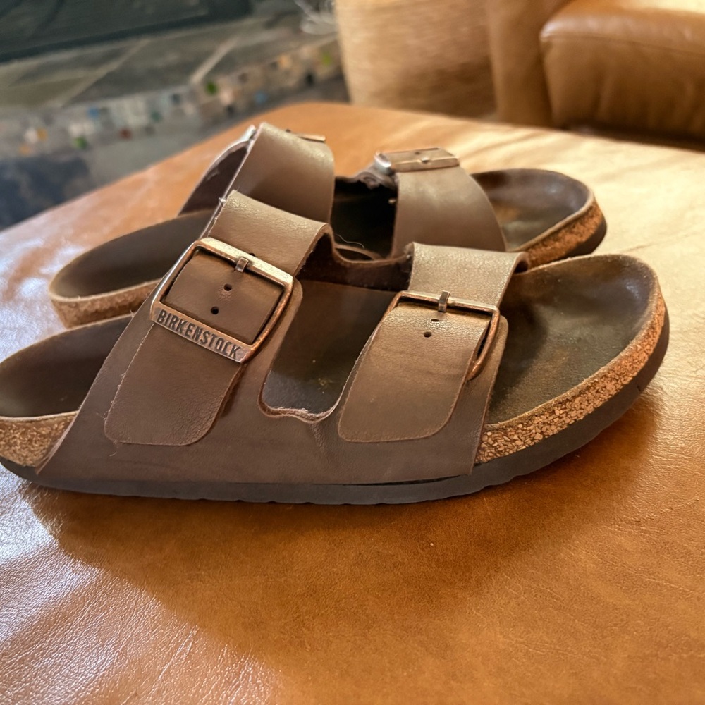 Birkenstock Arizona Two-Strap Sandals in Brown with Metal Buckles